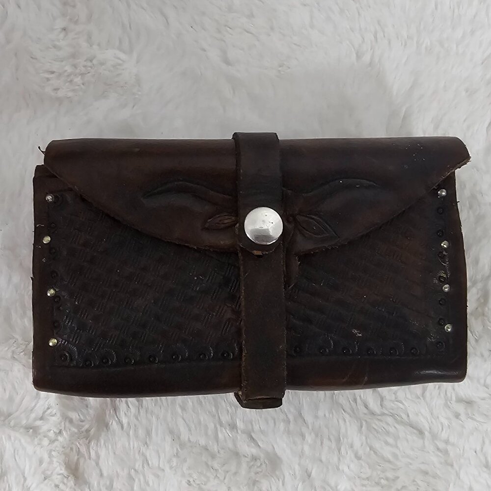 Vintage Handmade Belt Bag Leather Brown Western Tooled Retro Grunge